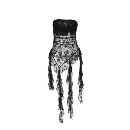 Lace cross applique irregular tube mini dress  | Festival Outfits Women