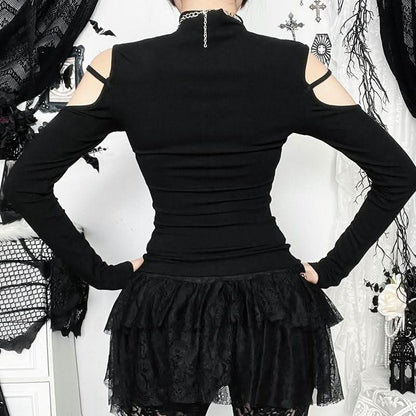 High neck long sleeve hollow out cross metal cut out top  | Festival Outfits Women