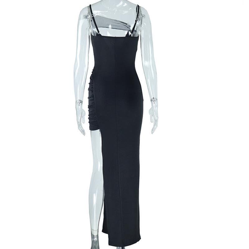 Irregular high slit ruched mesh hollow out cami cut out maxi dress  | Festival Outfits Women