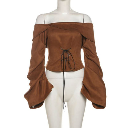 Off shoulder long sleeve lace up zip-up top  | Festival Outfits Women