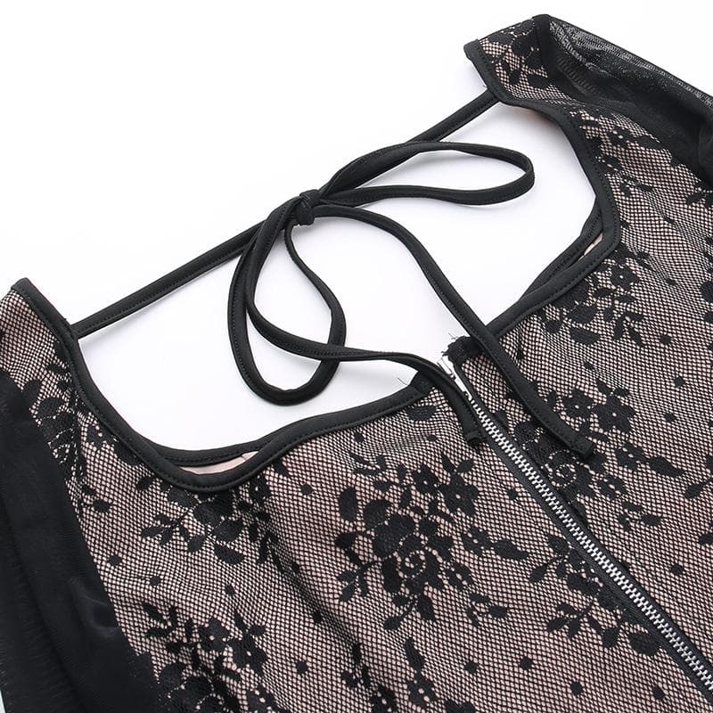 Lace contrast corset long sleeve zip-up self tie top  | Festival Outfits Women