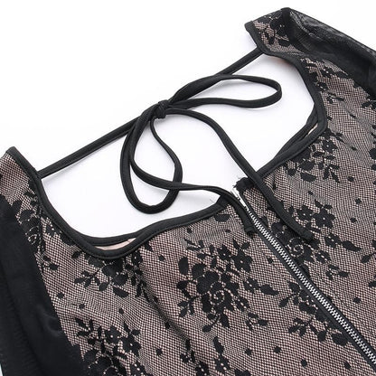 Lace contrast corset long sleeve zip-up self tie top  | Festival Outfits Women