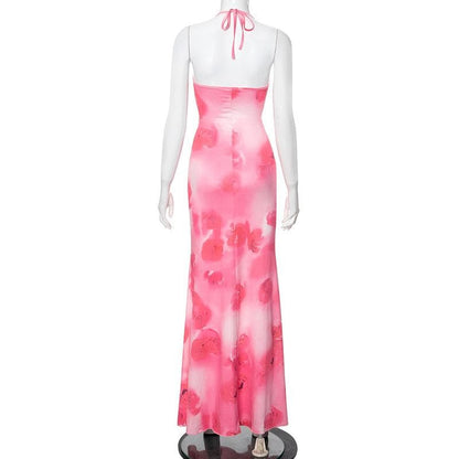 Halter rose print u neck backless self tie maxi dress  | Festival Outfits Women