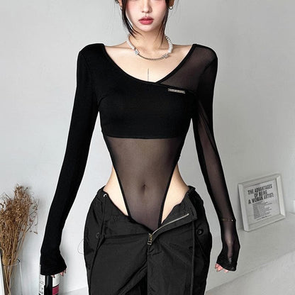 Long sleeve mesh metal tag patchwork bodysuit  | Festival Outfits Women