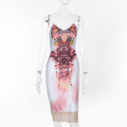 Lace hem flower print v neck cami midi dress  | Festival Outfits Women