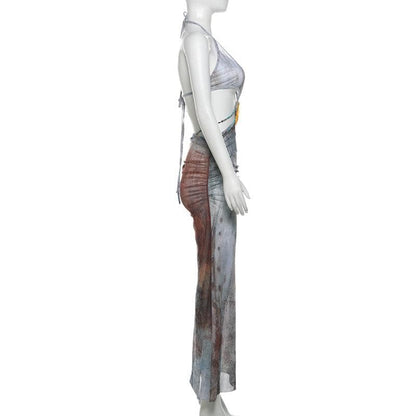 Halter self tie deep V neck sheer mesh shell applique maxi dress  | Festival Outfits Women