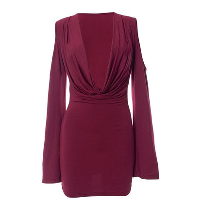 Long flared sleeve off shoulder cowl neck ruched solid mini dress  | Festival Outfits Women
