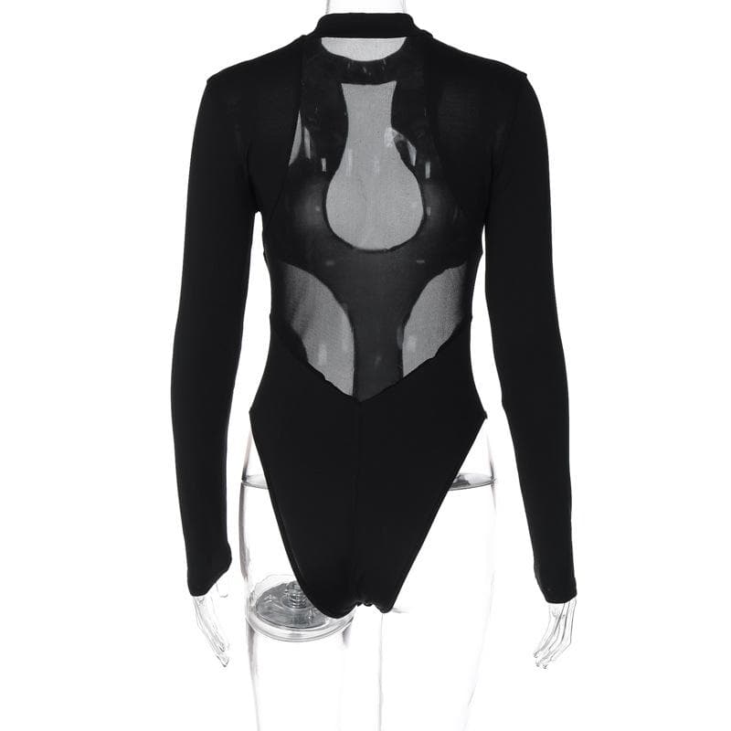 Long sleeve crewneck mesh patchwork bodysuit  | Festival Outfits Women