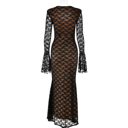 Long flared sleeve lace v neck patchwork maxi dress  | Festival Outfits Women