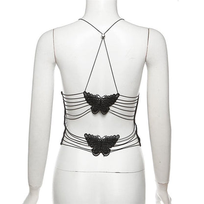 Sheer mesh butterfly applique see through backless solid top  | Festival Outfits Women