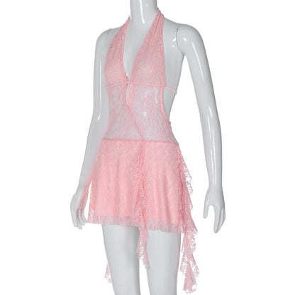 Halter v neck backless lace self tie hollow out cut out mini dress