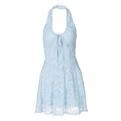 Halter textured knotted ruched button mini dress  | Festival Outfits Women