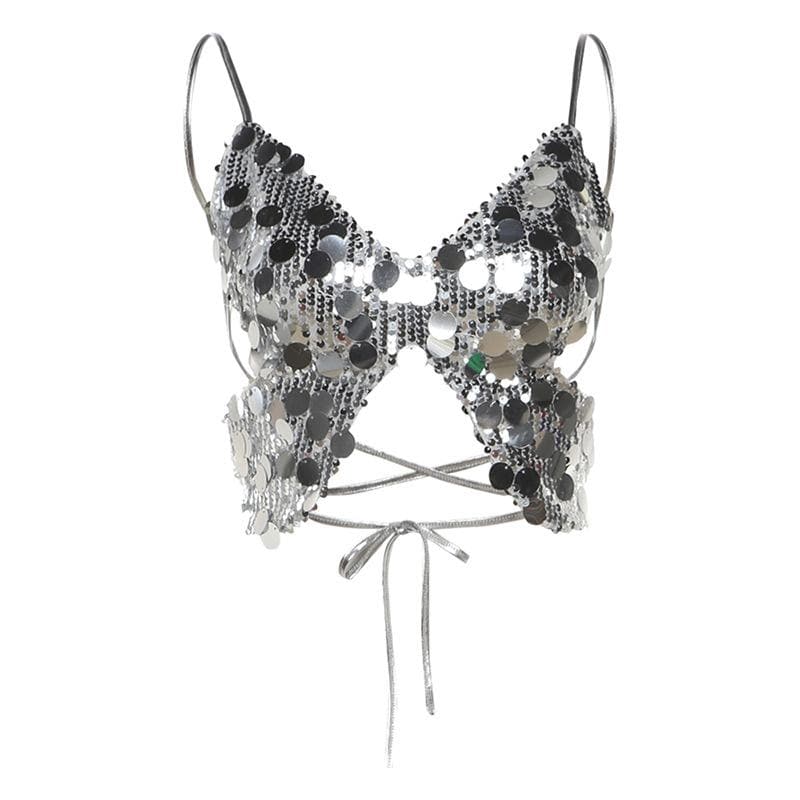 Butterfly pattern glitter lace up cami top  | Festival Outfits Women