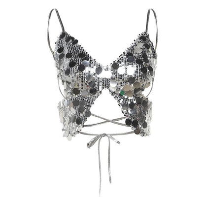 Butterfly pattern glitter lace up cami top  | Festival Outfits Women