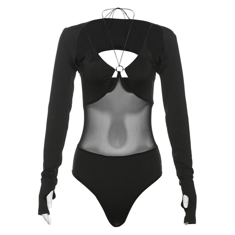 Long sleeve gloves o ring hollow out shrug 2 piece bodysuit  | Festival Outfits Women