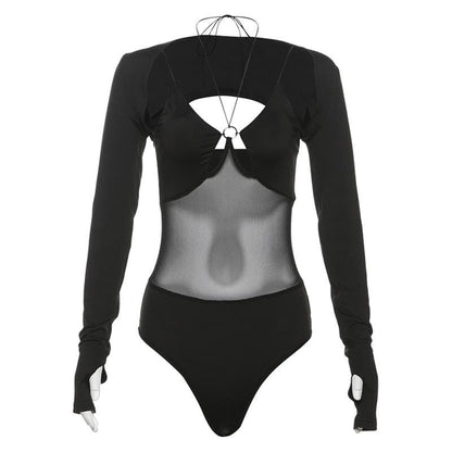 Long sleeve gloves o ring hollow out shrug 2 piece bodysuit  | Festival Outfits Women