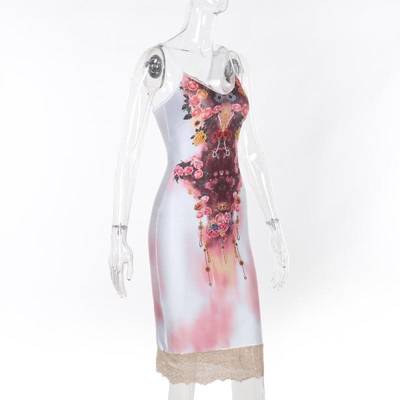 Lace hem flower print v neck cami midi dress  | Festival Outfits Women