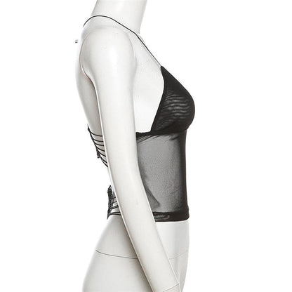 Sheer mesh butterfly applique see through backless solid top  | Festival Outfits Women
