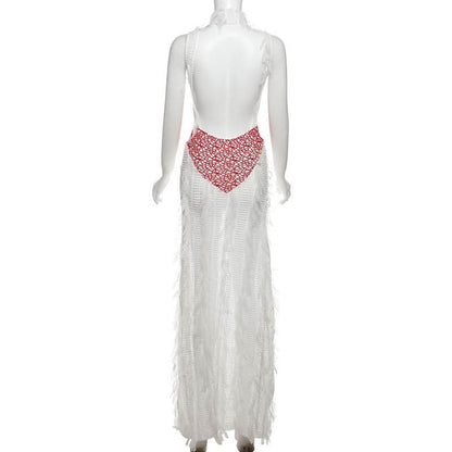 High neck patchwork tassels backless maxi dress  | Festival Outfits Women