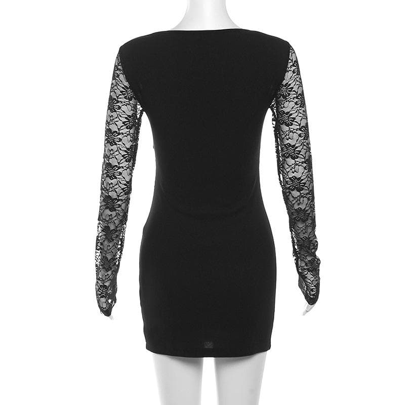 Lace patchwork corset long sleeve solid ruched mini dress  | Festival Outfits Women