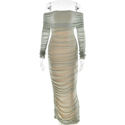 Off shoulder long sleeve slit mesh ruched maxi dress  | Festival Outfits Women