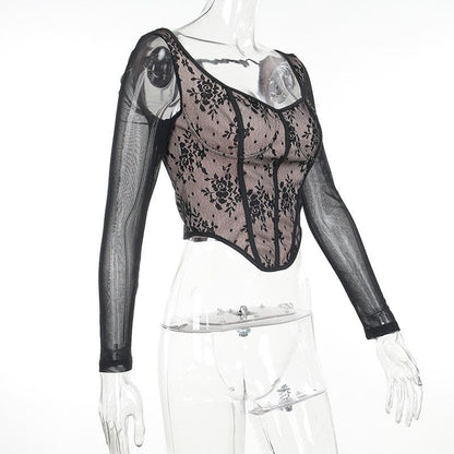 Lace contrast corset long sleeve zip-up self tie top  | Festival Outfits Women