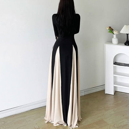 Long sleeve v neck contrast patchwork maxi dress  | Festival Outfits Women