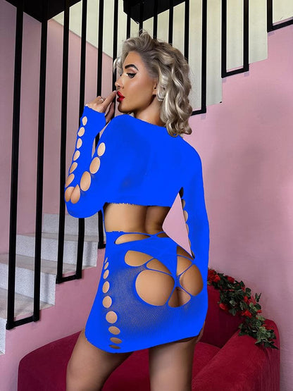 Long sleeve crewneck backless hollow out cut out mini dress  | Festival Outfits Women
