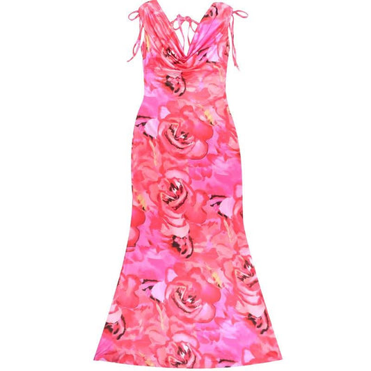 Cowl neck self tie flower print backless maxi dress  | Festival Outfits Women