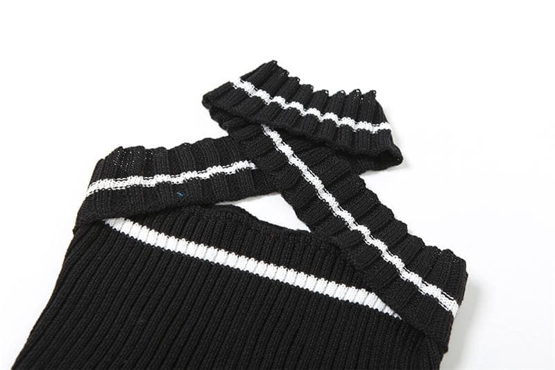Knitted cross front halter contrast backless hollow out crop cut out top