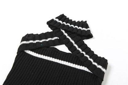 Knitted cross front halter contrast backless hollow out crop cut out top