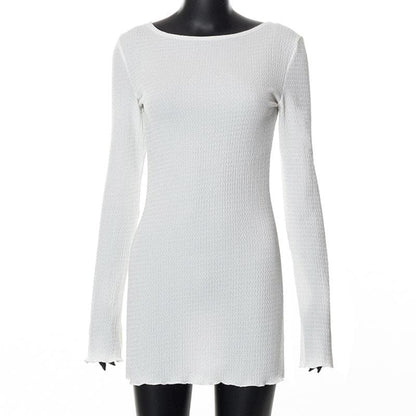 Textured solid self tie backless long sleeve ruffle mini dress