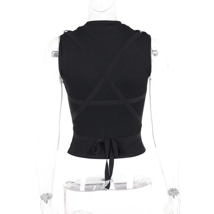 Crewneck patchwork cross front cross pattern tank top  | Festival Outfits Women
