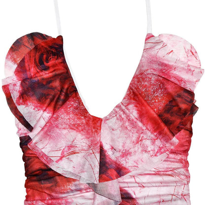 Halter ruffle rose print ruched backless cami mini dress  | Festival Outfits Women