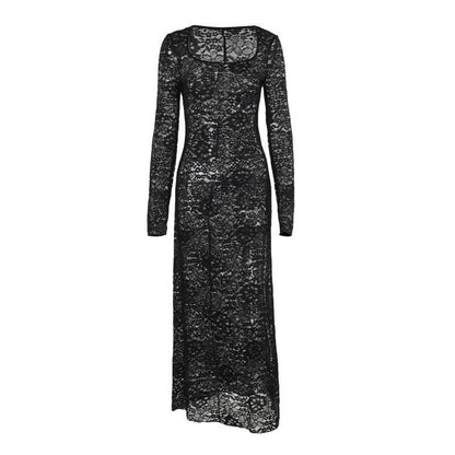 Long sleeve u neck lace slit maxi dress  | Festival Outfits Women