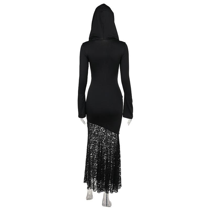Long sleeve hoodie lace hem cross pattern maxi dress  | Festival Outfits Women