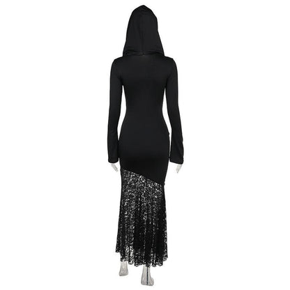 Long sleeve hoodie lace hem cross pattern maxi dress  | Festival Outfits Women