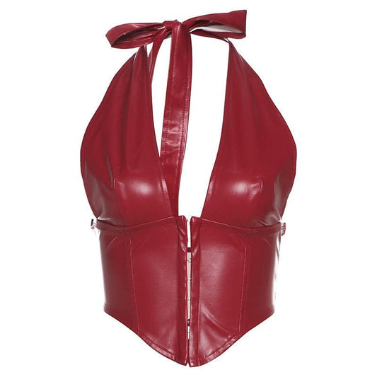 Halter PU leather V neck corset button top  | Festival Outfits Women
