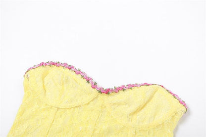 Lace flower embroidery contrast bustier backless low cut crop top