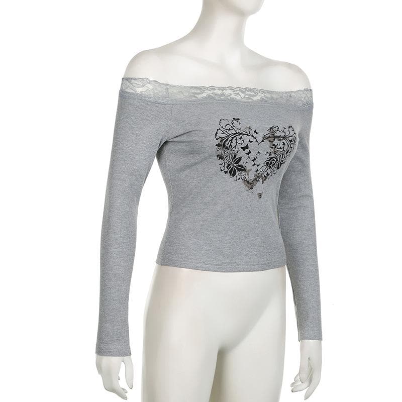 Long sleeve off shoulder ribbed heart pattern lace hem top  | Festival Outfits Women