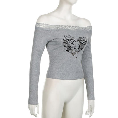 Long sleeve off shoulder ribbed heart pattern lace hem top  | Festival Outfits Women
