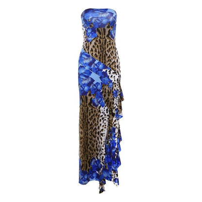 Leopard print contrast ruffle high slit tube maxi dress  | Festival Outfits Women