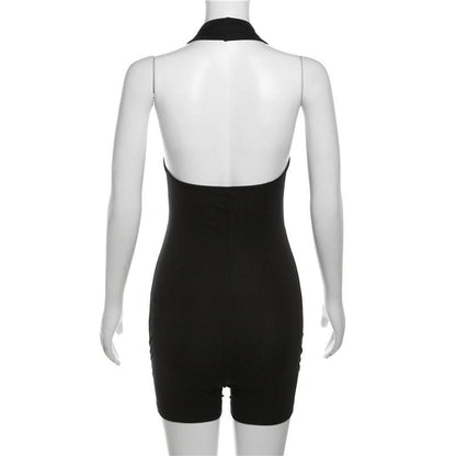 Halter solid v neck hollow out backless romper