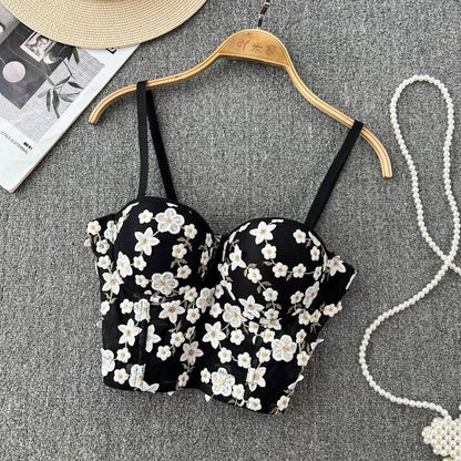 Embroidery padded bustier flower applique cami top  | Festival Outfits Women