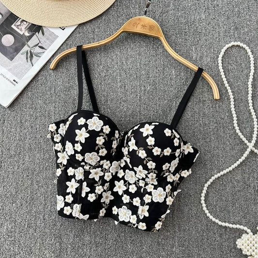 Embroidery padded bustier flower applique cami top  | Festival Outfits Women