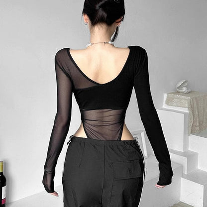 Long sleeve mesh metal tag patchwork bodysuit  | Festival Outfits Women