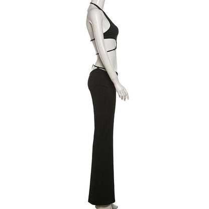Halter hollow out solid backless pant set  | Festival Outfits Women