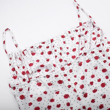 Bowknot ribbon stitch flower print polka dot cami maxi dress  | Festival Outfits Women