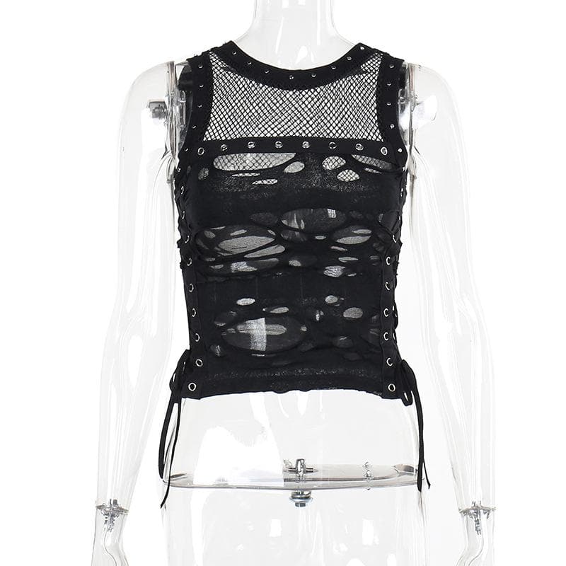 Crewneck fishnet buckle hollow out lace up tank cut out top  | Festival Outfits Women