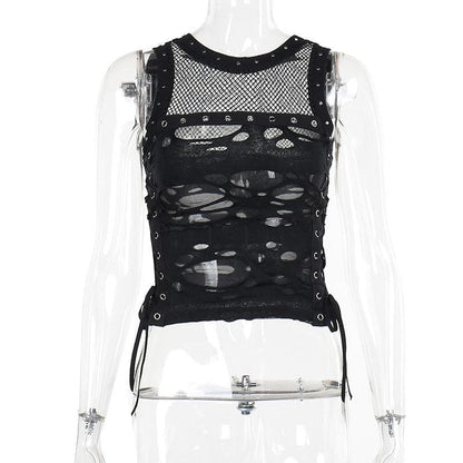 Crewneck fishnet buckle hollow out lace up tank cut out top  | Festival Outfits Women